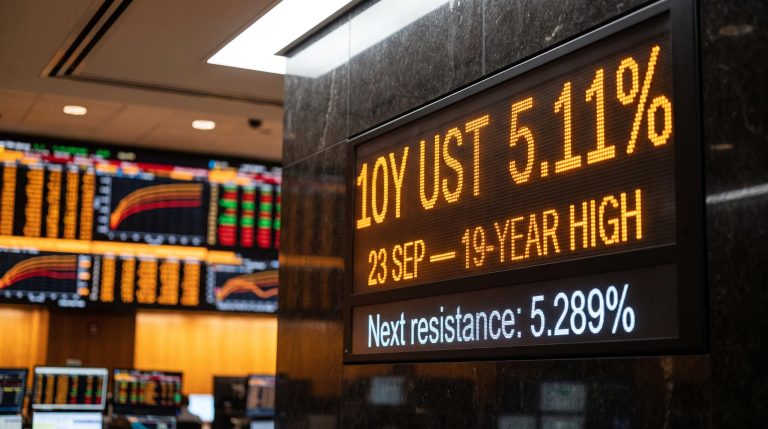 10-year Treasury yield display showing 5.11% 19-year high with 5.289% resistance level on dealing room board