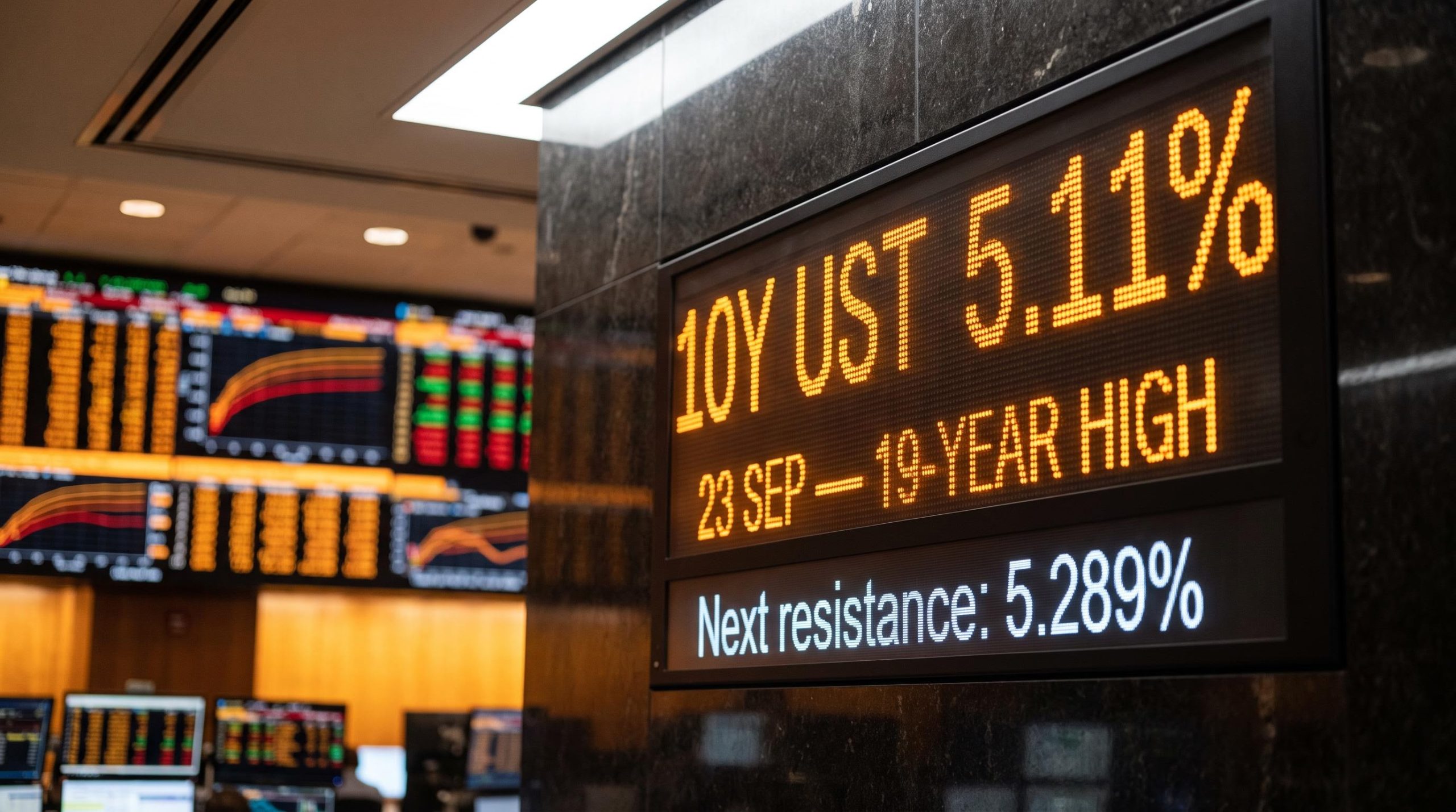 10-year Treasury yield display showing 5.11% 19-year high with 5.289% resistance level on dealing room board