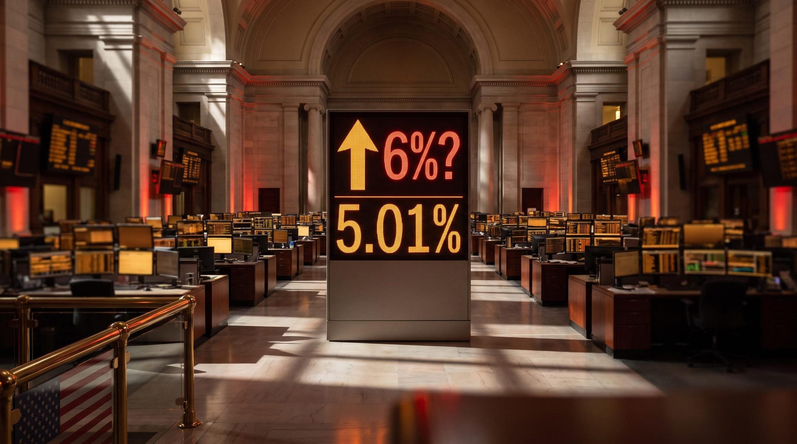 10-year Treasury yield board showing 5.01% with 6% contrarian target on a grand bond trading floor