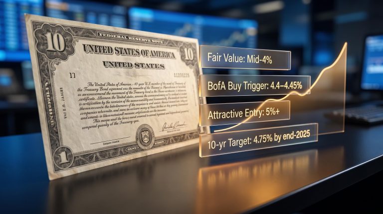 10-year US Treasury bond with BofA fair-value data panels showing 4.75% end-2025 target and carry trade thesis