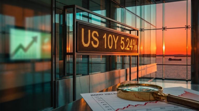 10-year yield outlook: ticker board showing US 10Y 5.24% beside a loupe on a yield chart, with a tanker at sunset behind