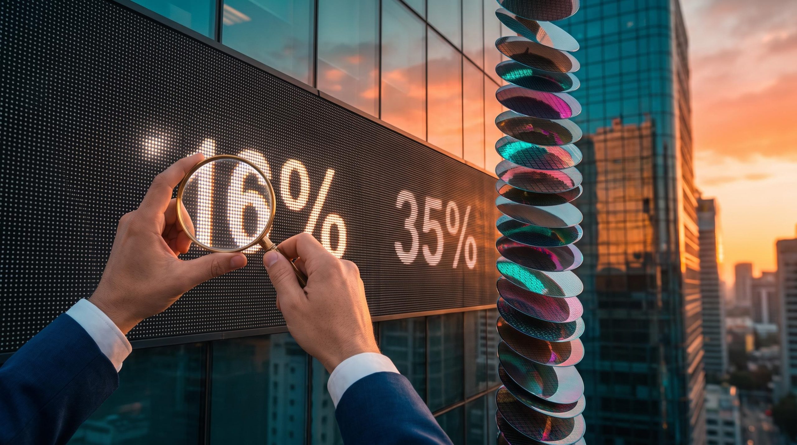 LED ticker showing 16% growth with a magnifying lens, illustrating the 2027 earnings outlook after 35% growth in 2026