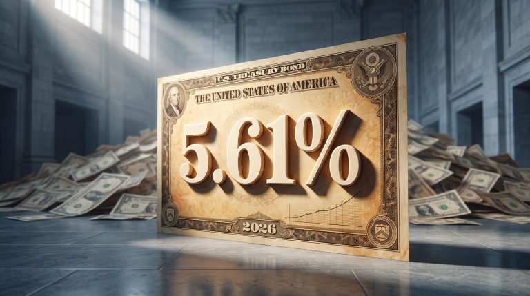 Oversized US Treasury bond certificate showing 5.61% yield — a 24-year high reached 29 September 2026