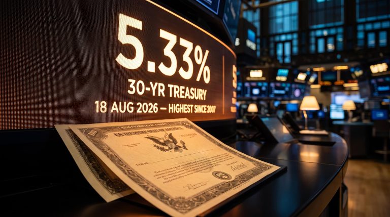 30-year Treasury yield at 5.33% on 18 Aug 2026 — highest since 2007 — shown on bond market trading screen