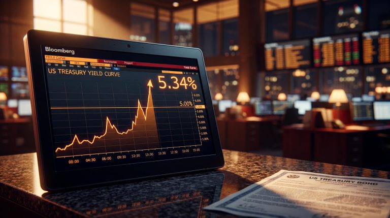 30-year Treasury yield at 5.34% on trading terminal as bond market breaks fiscal risk threshold