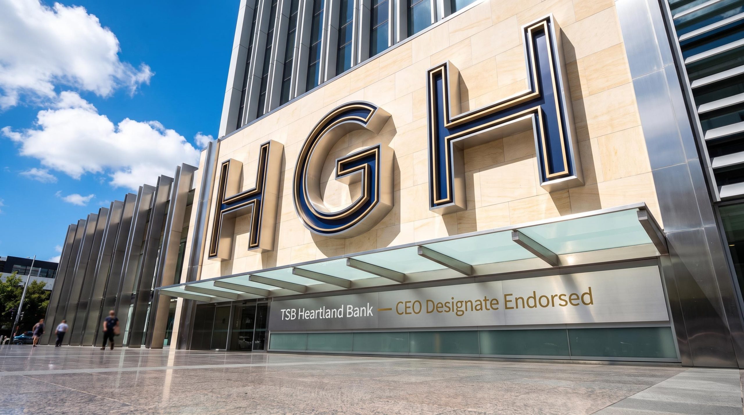 Modern building with bank sign