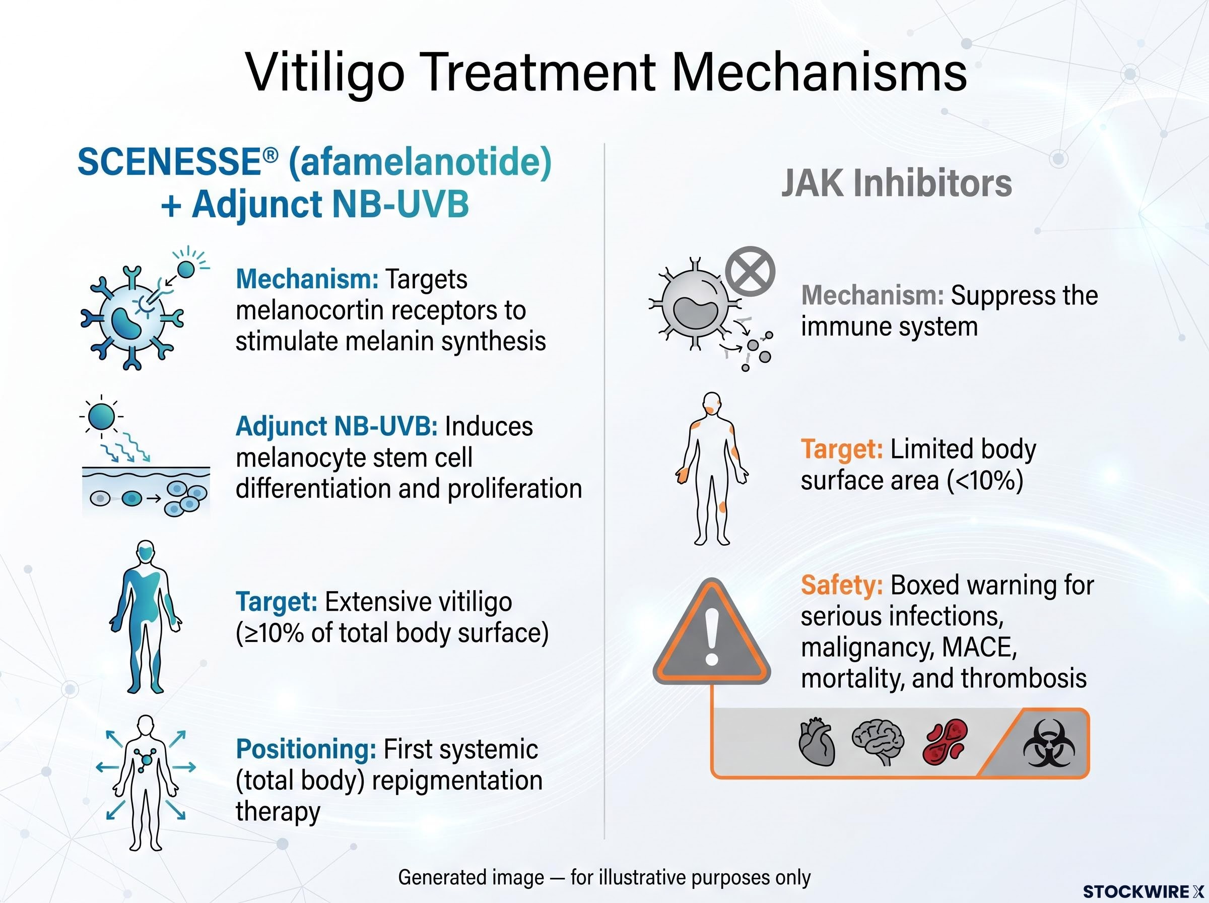 Vitiligo Treatment Mechanisms: SCENESSE® vs. JAK Inhibitors