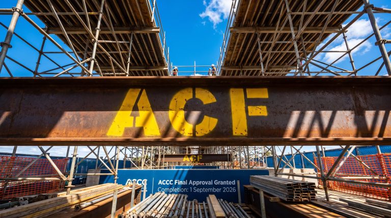 Steel beam with scaffolding