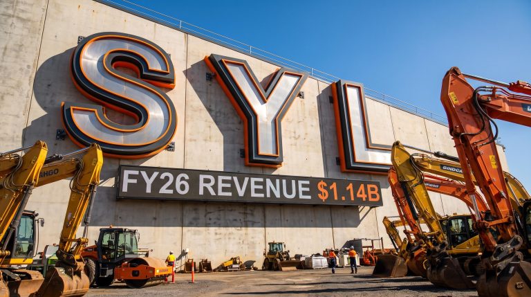 Large sign with excavators
