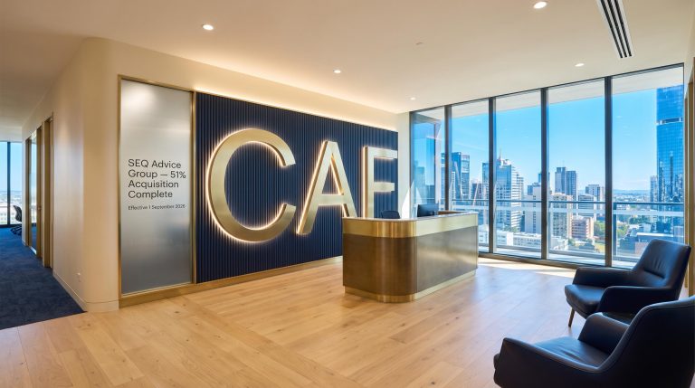 Modern reception area with city view