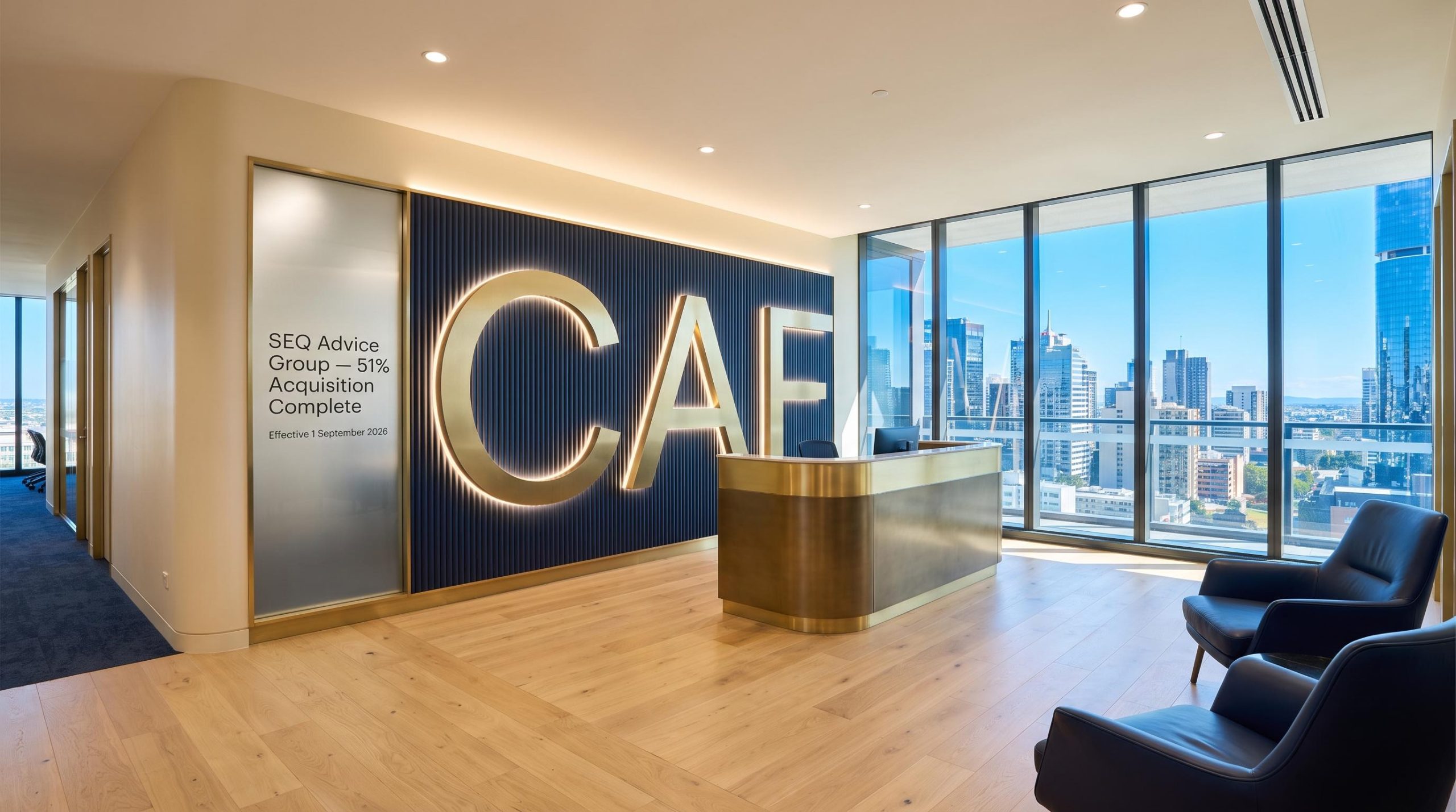 Modern reception area with city view