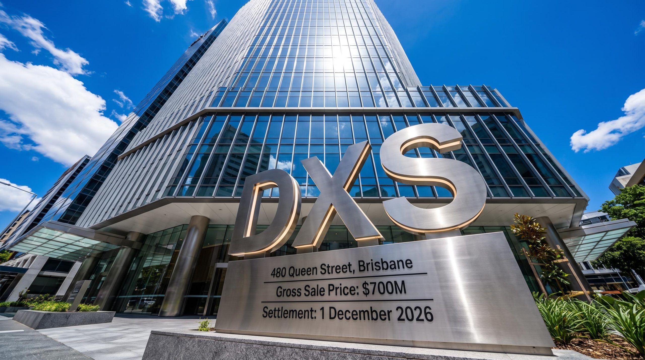 Tall skyscraper with DXS sign