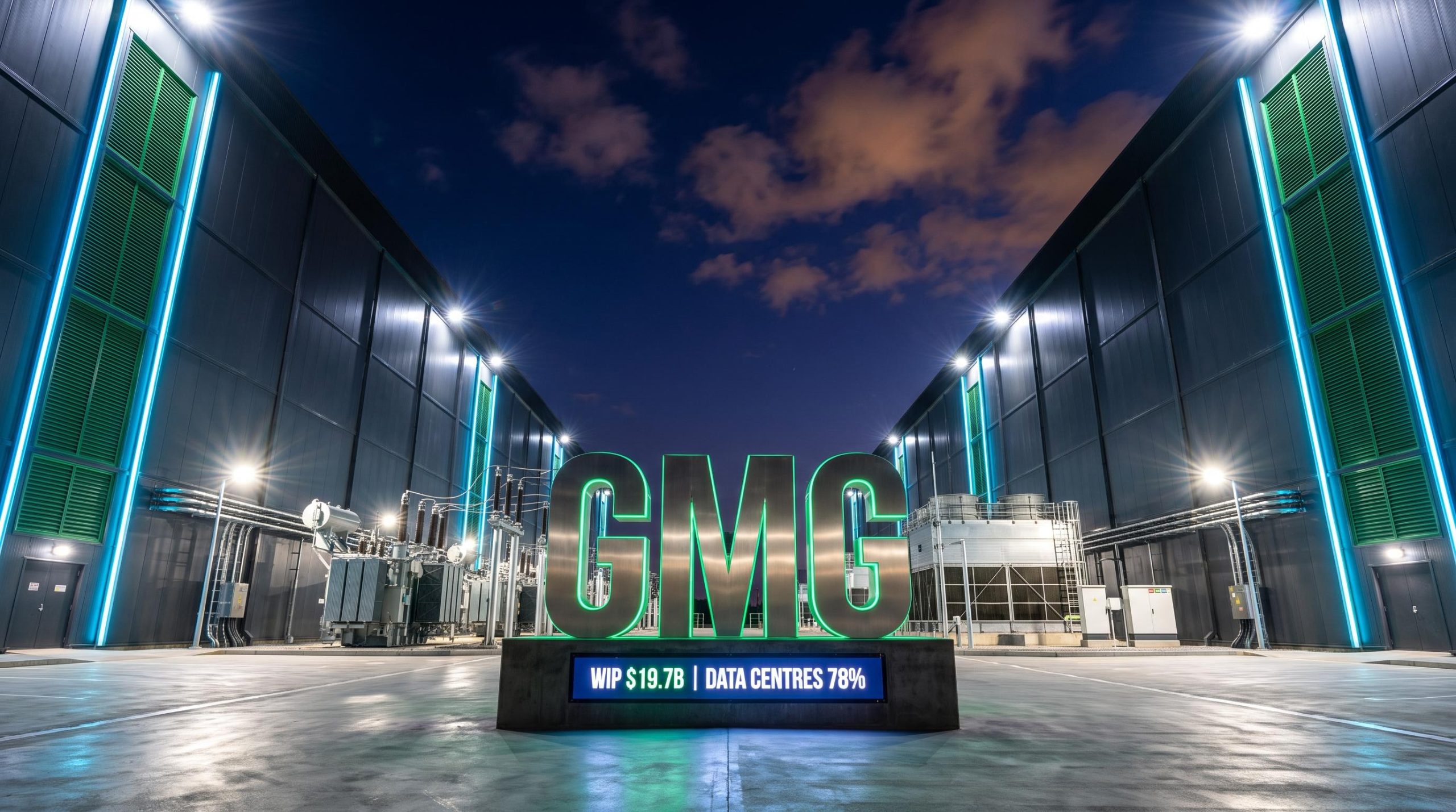 Illuminated data center at night