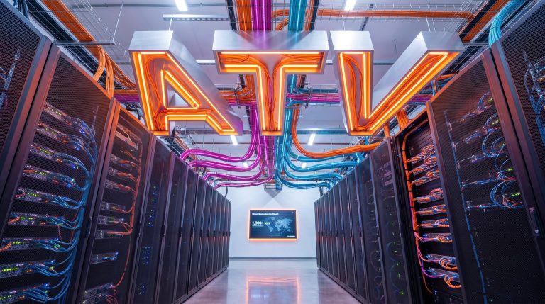 Server racks and neon lights