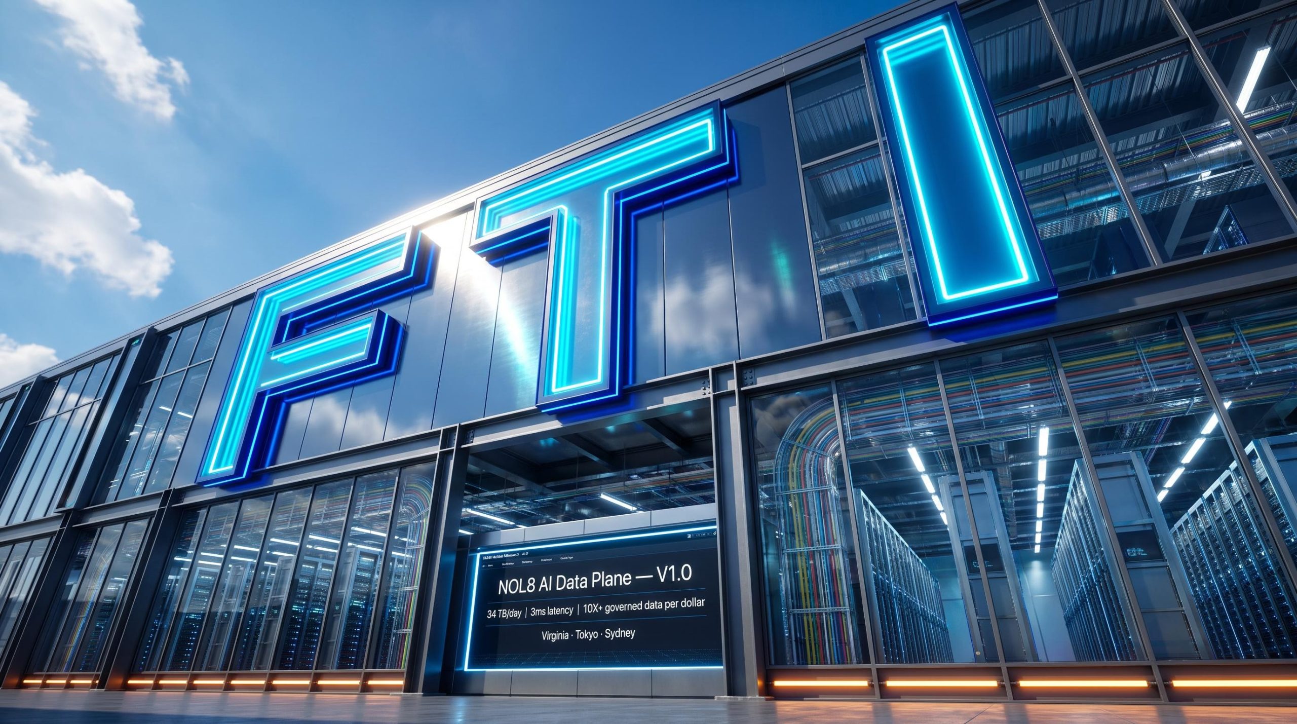 FTI building with neon sign