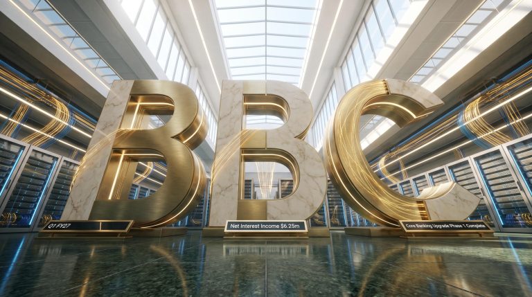 Golden BBC logo in hallway