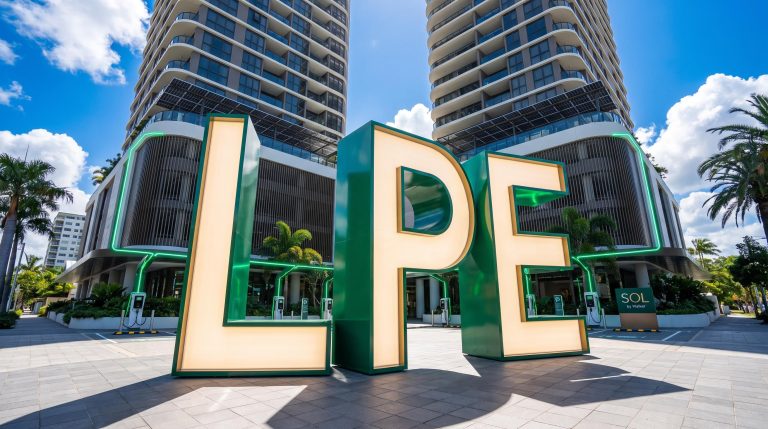 Large letters in front of towers