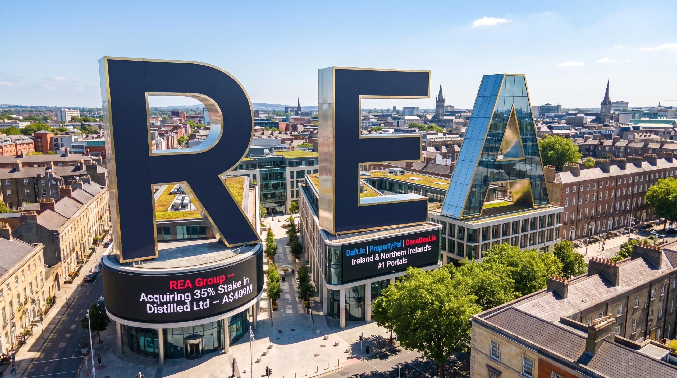 Large REA letters on buildings