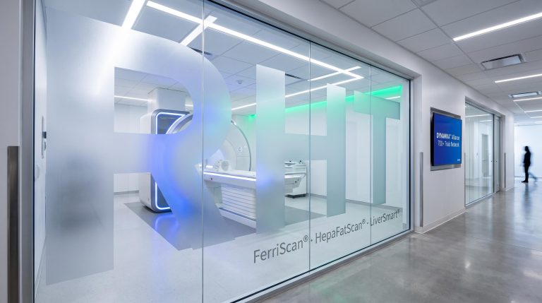 Glass door with scan logos