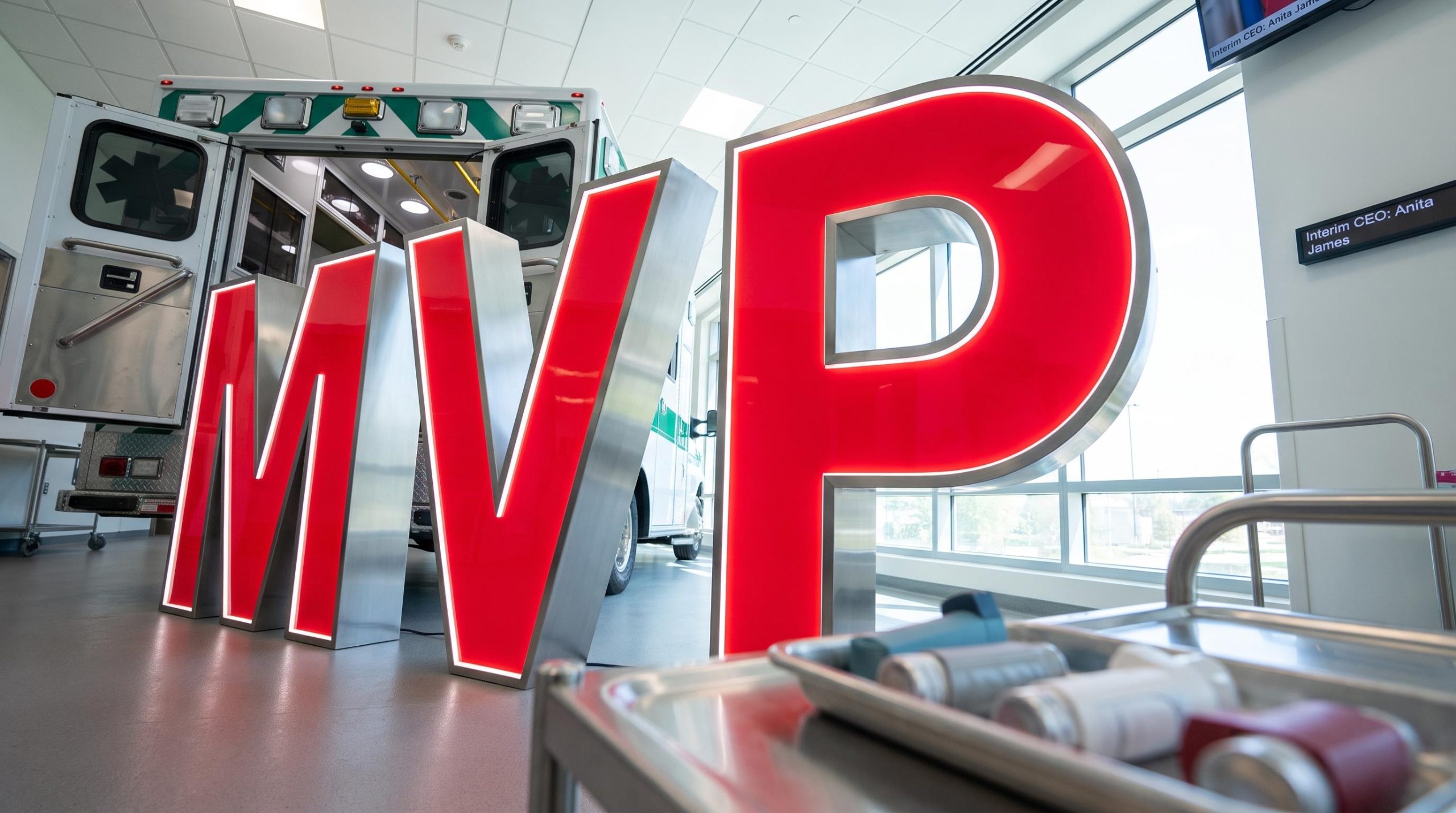Large MVP letters near ambulance