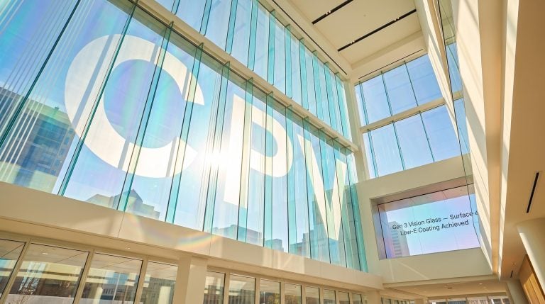 Glass wall with large letters