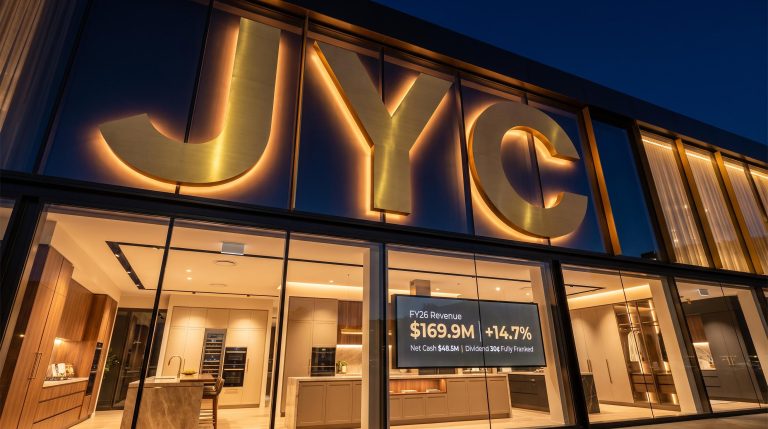 Illuminated JYC building at night