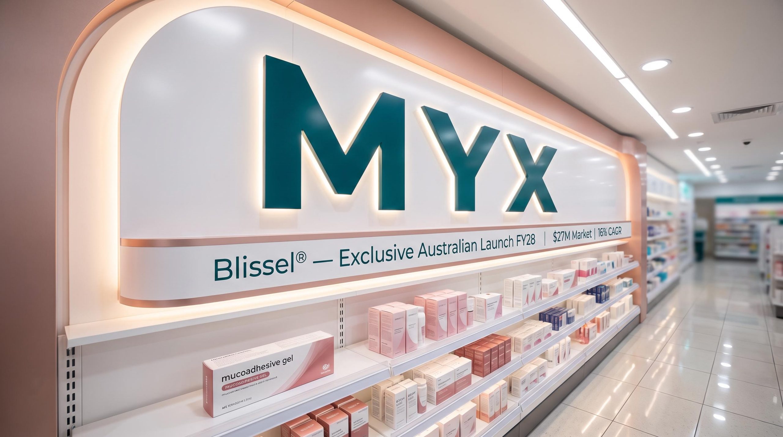 Pharmacy shelves with products