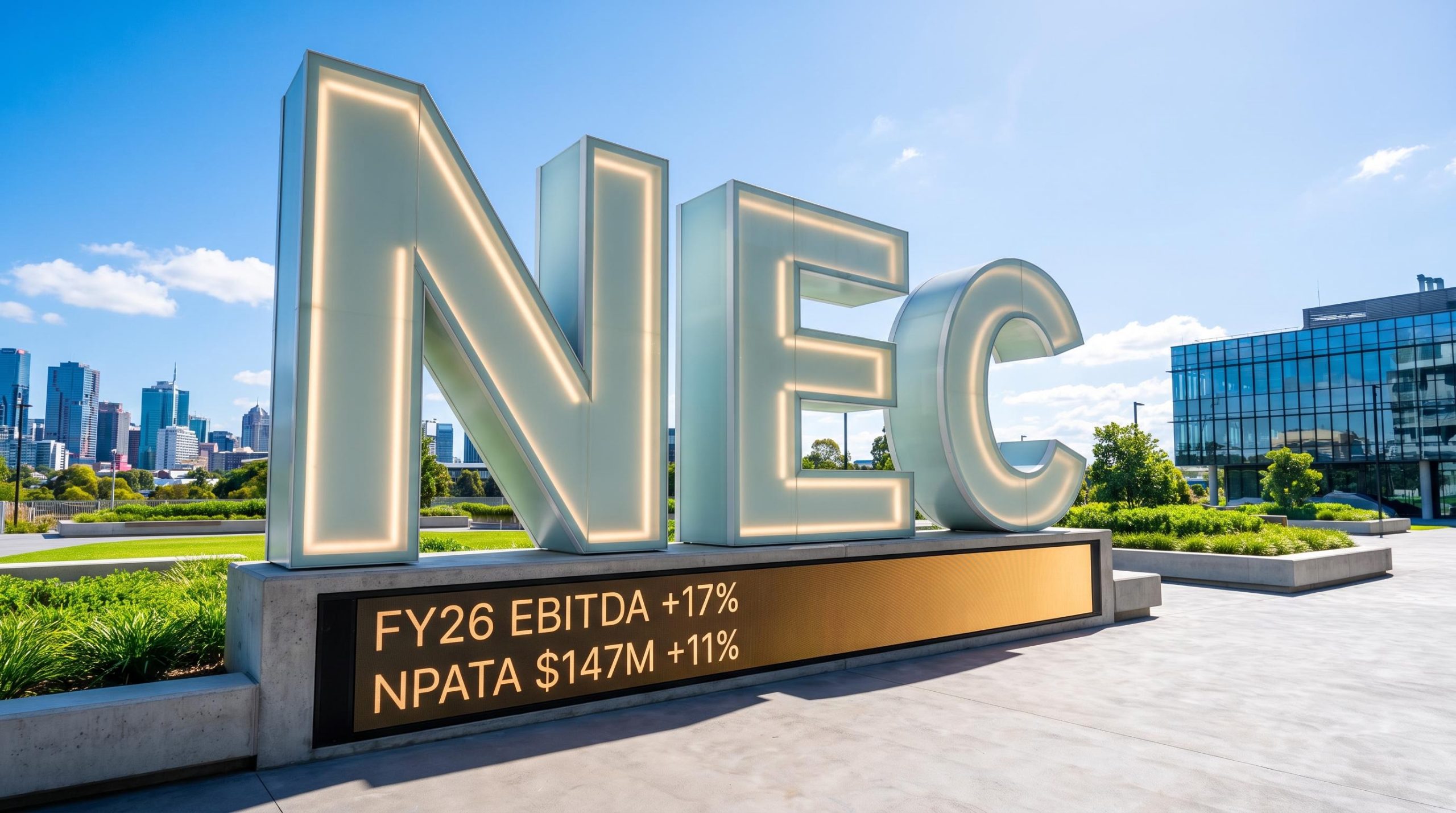 NEC sign with cityscape