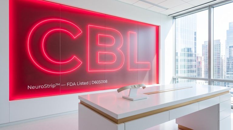 Modern office with red signage