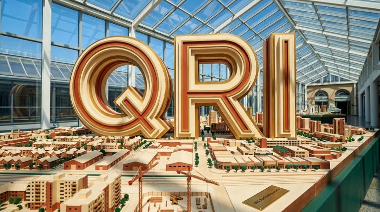 Large QRI letters over miniature city
