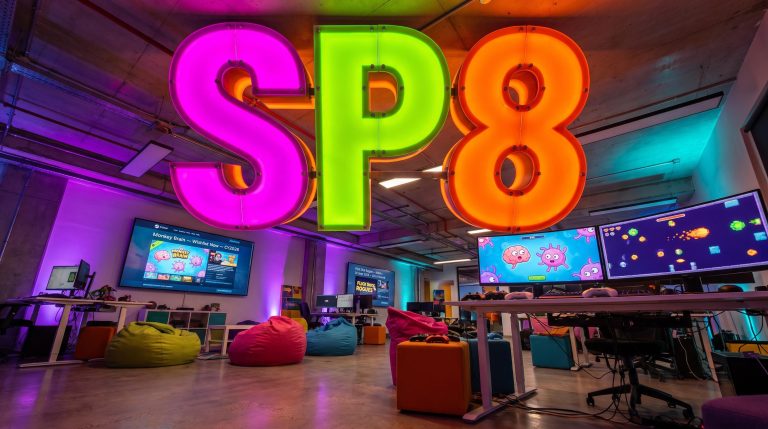 Colorful gaming workspace interior