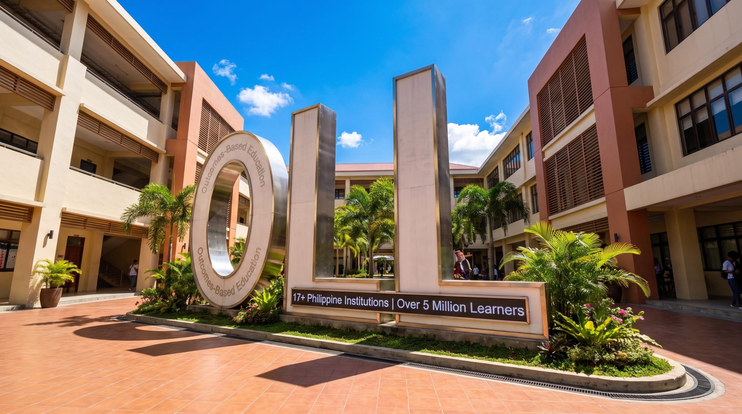 Large OBE letters in courtyard