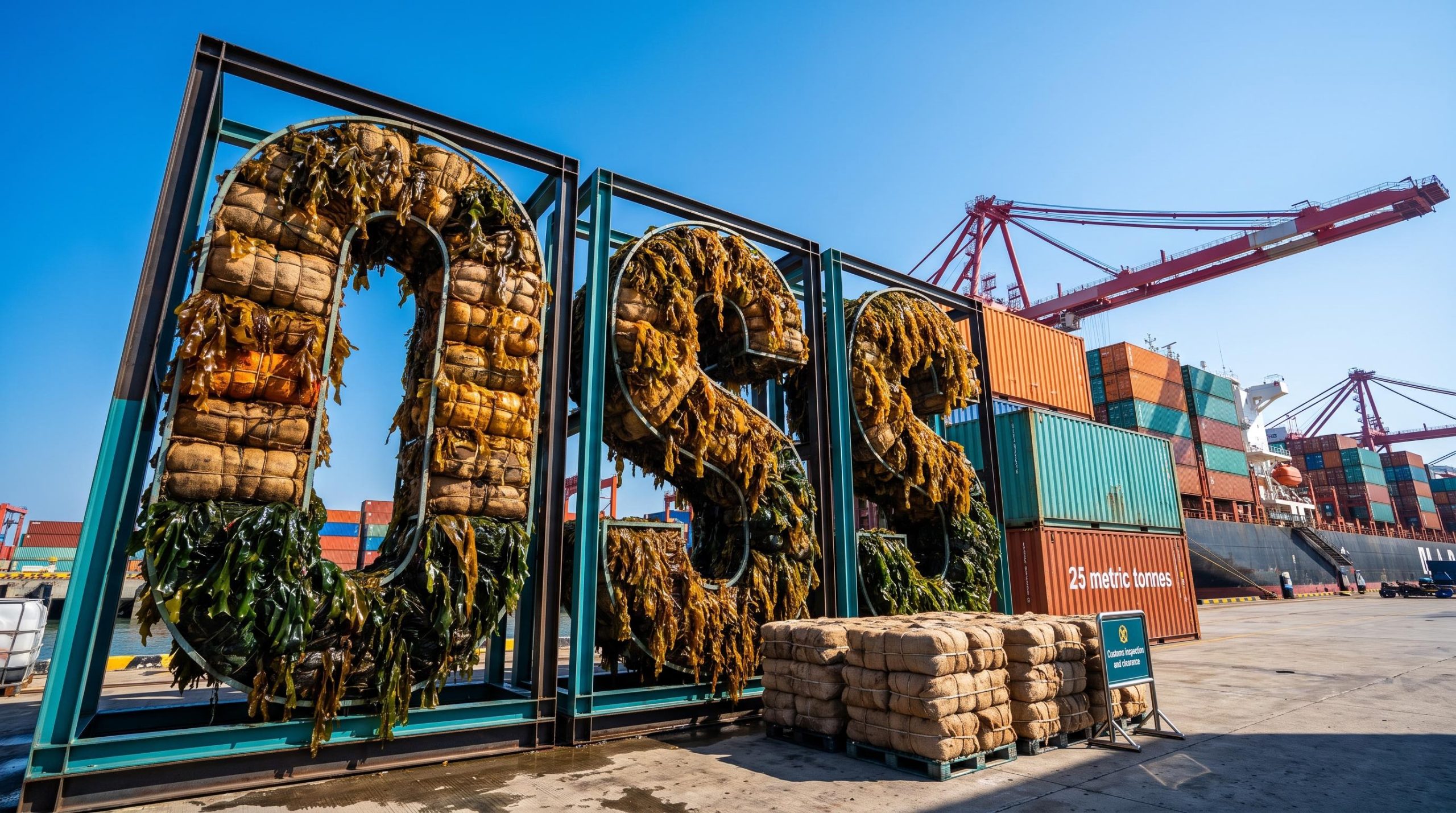 Seaweed letters at port