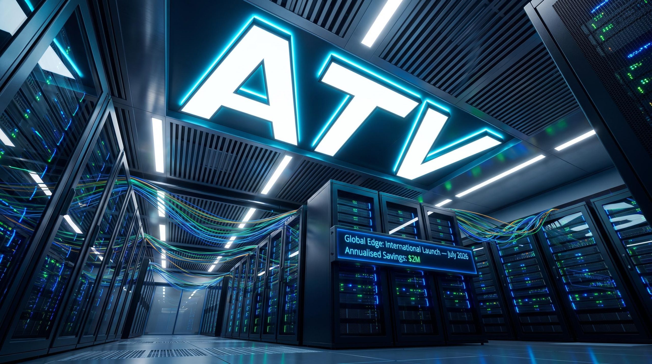 Illuminated server room interior