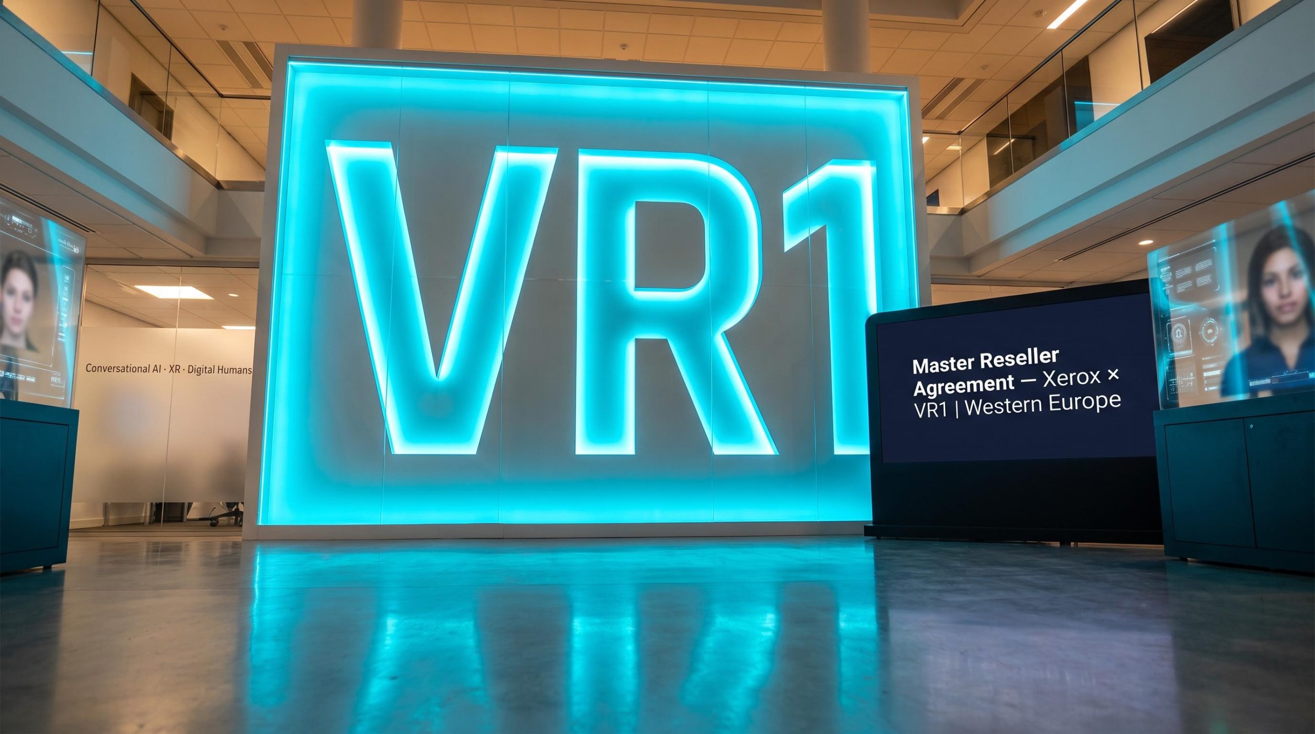 Neon VR1 sign and screens
