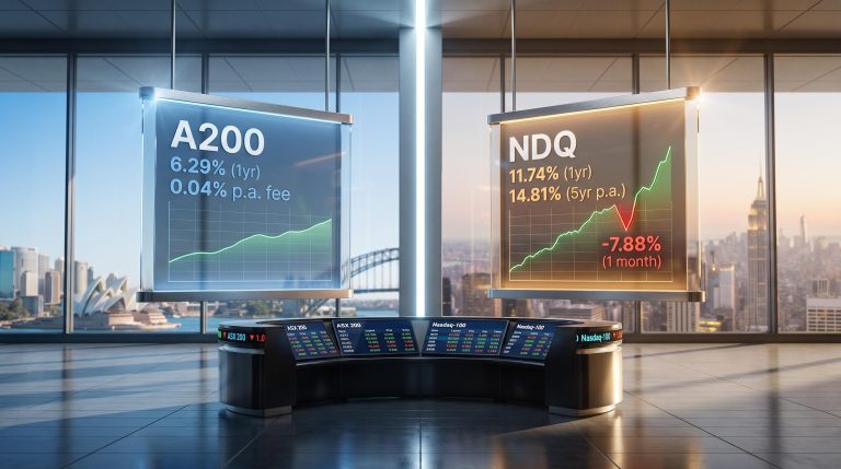 A200 vs NDQ side-by-side data panels showing 6.29% and 11.74% one-year returns with ASX and Nasdaq market screens
