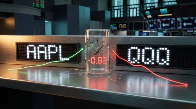 Cracked correlation gauge frozen at -0.82 between AAPL and QQQ ticker panels, showing hedging Apple with QQQ breakdown