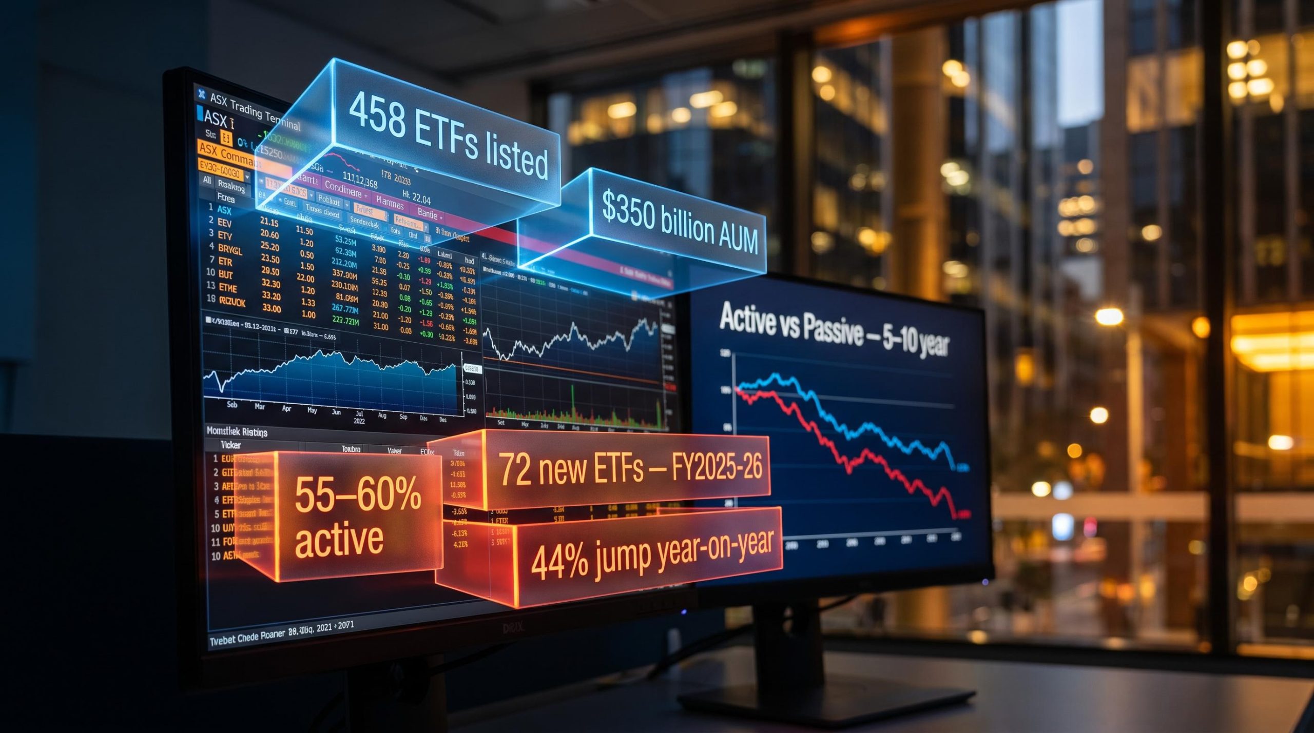 ASX trading screen showing active ETF listing surge data — 458 ETFs, $350B AUM, 55–60% active new listings