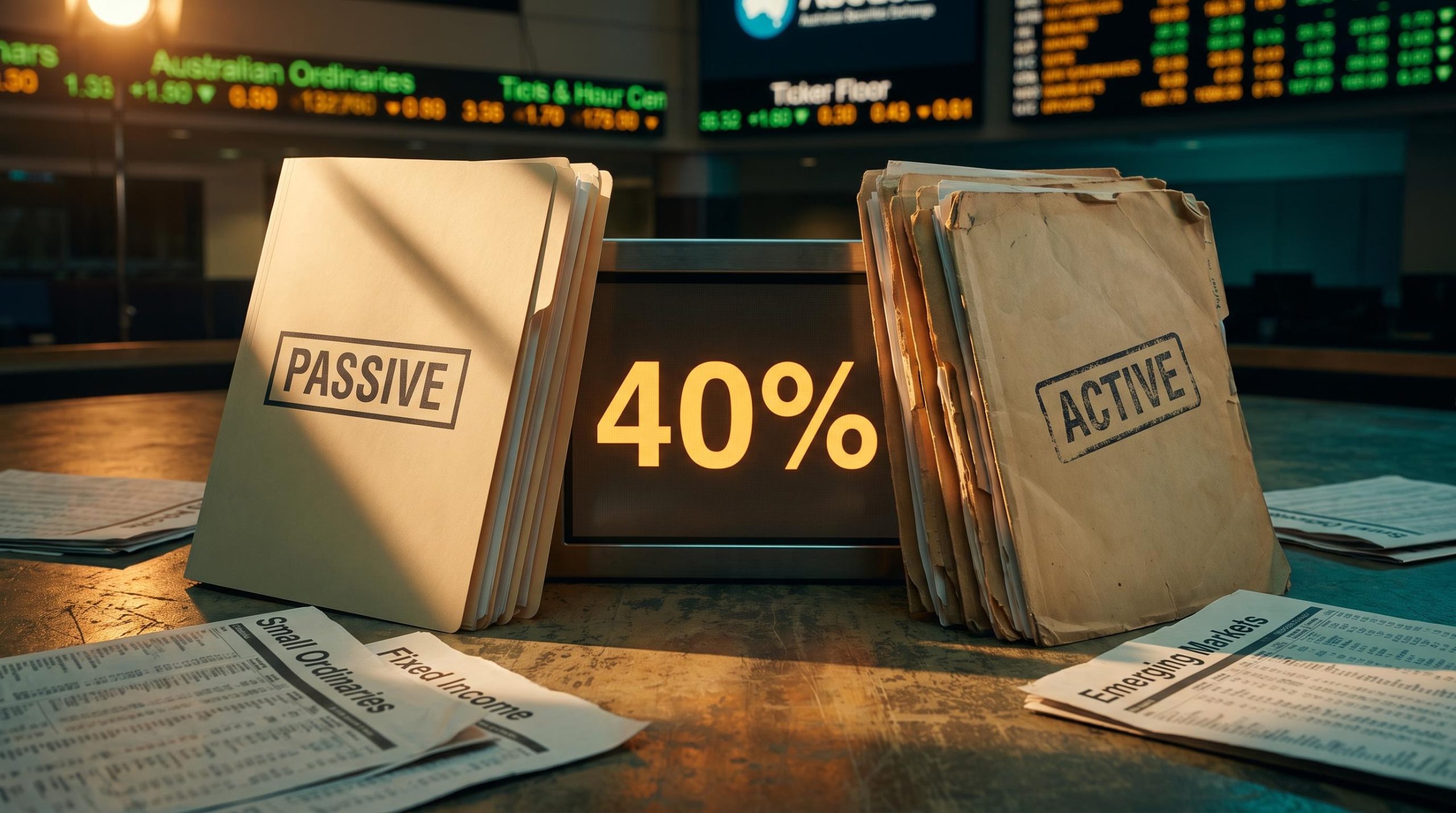 Active vs passive fund folders on trading floor with 40% success rate displayed — where active funds beat passive Australia