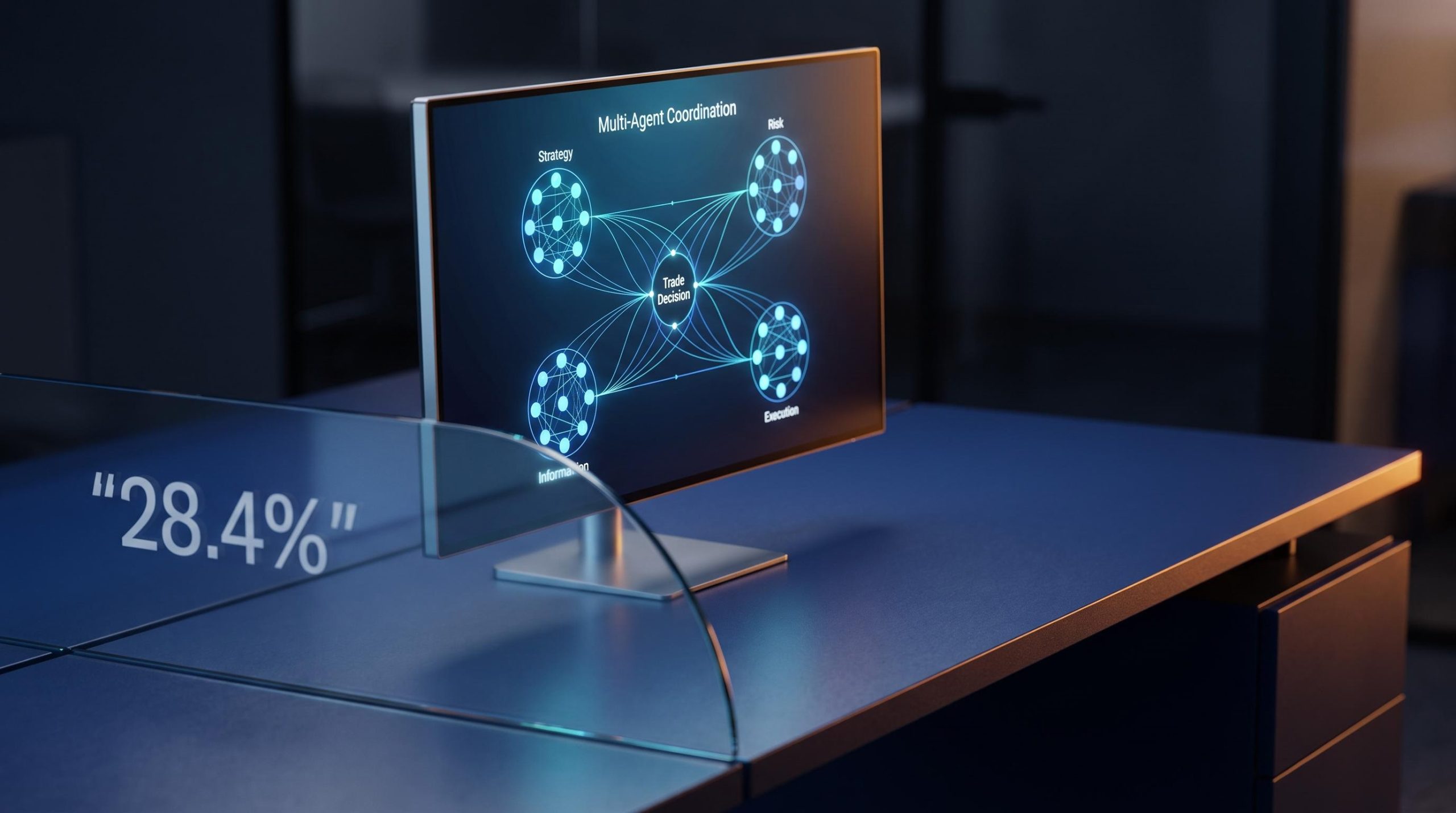 Multi-agent trading system coordination diagram on a monitor with agentic AI trading data point highlighted