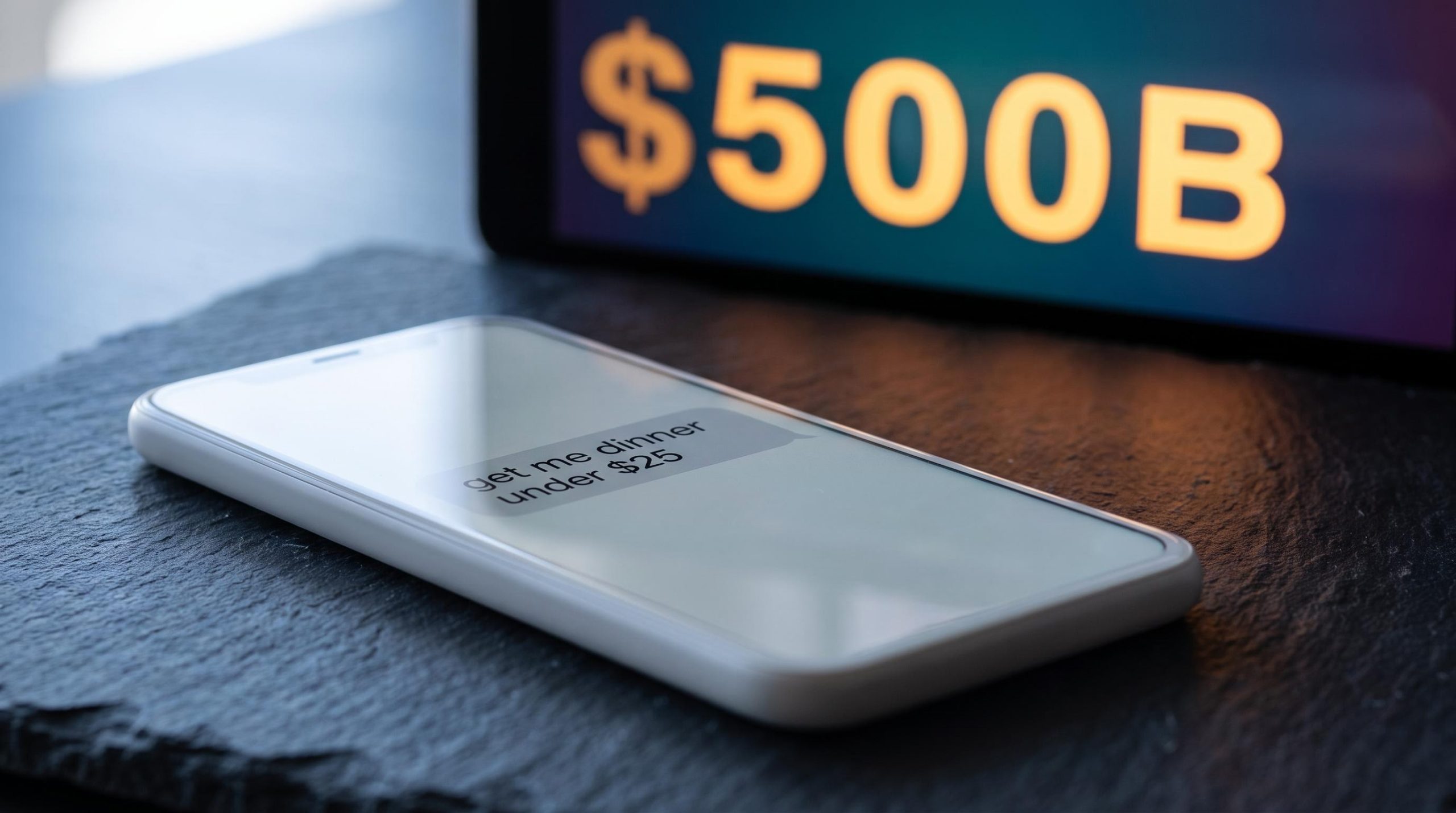 Minimalist text thread phone against AI agent economy market data showing $500B — analysis of platform disruption