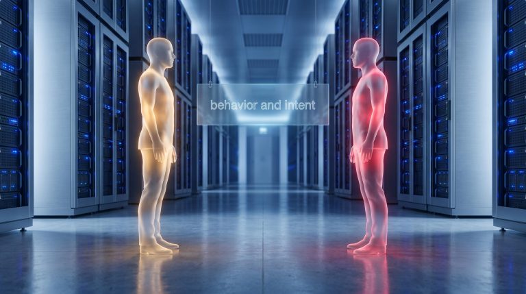 Two near-identical AI agent silhouettes — one trusted, one malicious — face off inside a server corridor