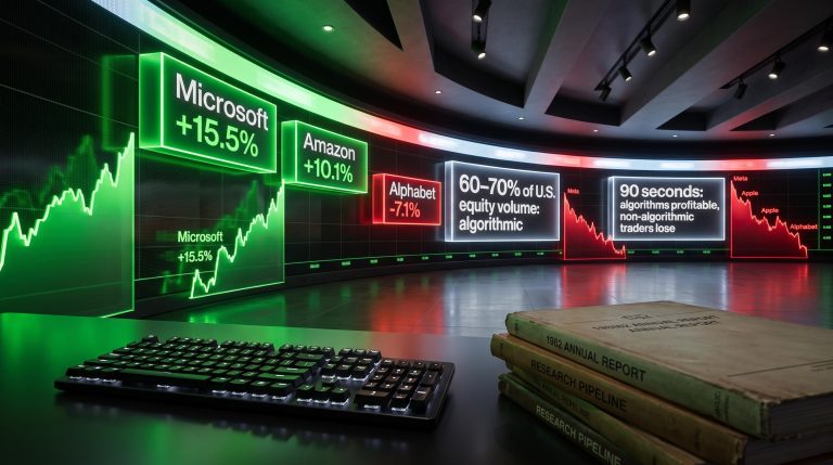 Algorithmic trading floor data wall showing earnings moves for Microsoft, Amazon, Alphabet as AI processes results in seconds