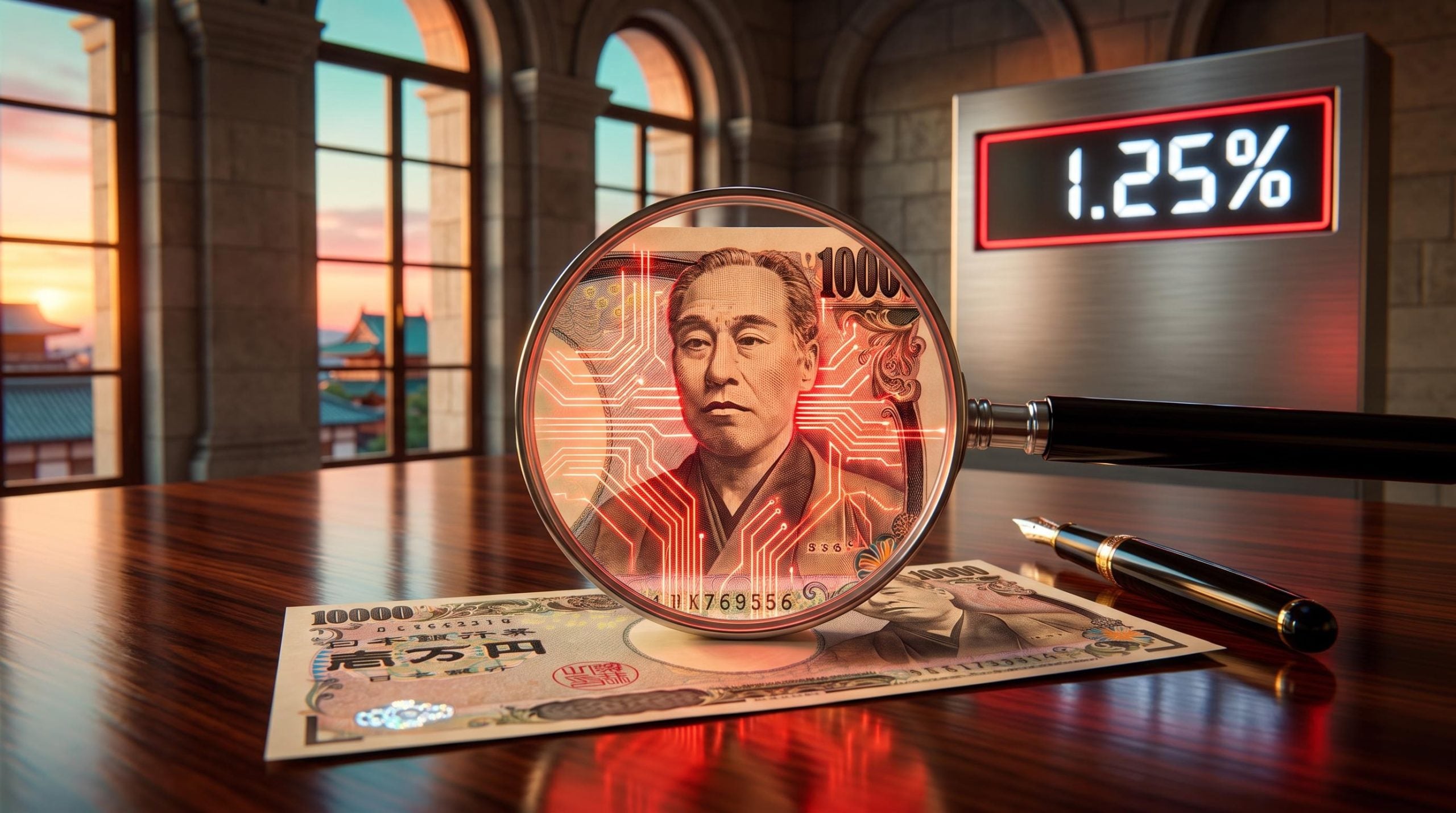 Magnifying lens over a yen banknote beside a 1.25% rate board, illustrating AI BoJ policy scrutiny