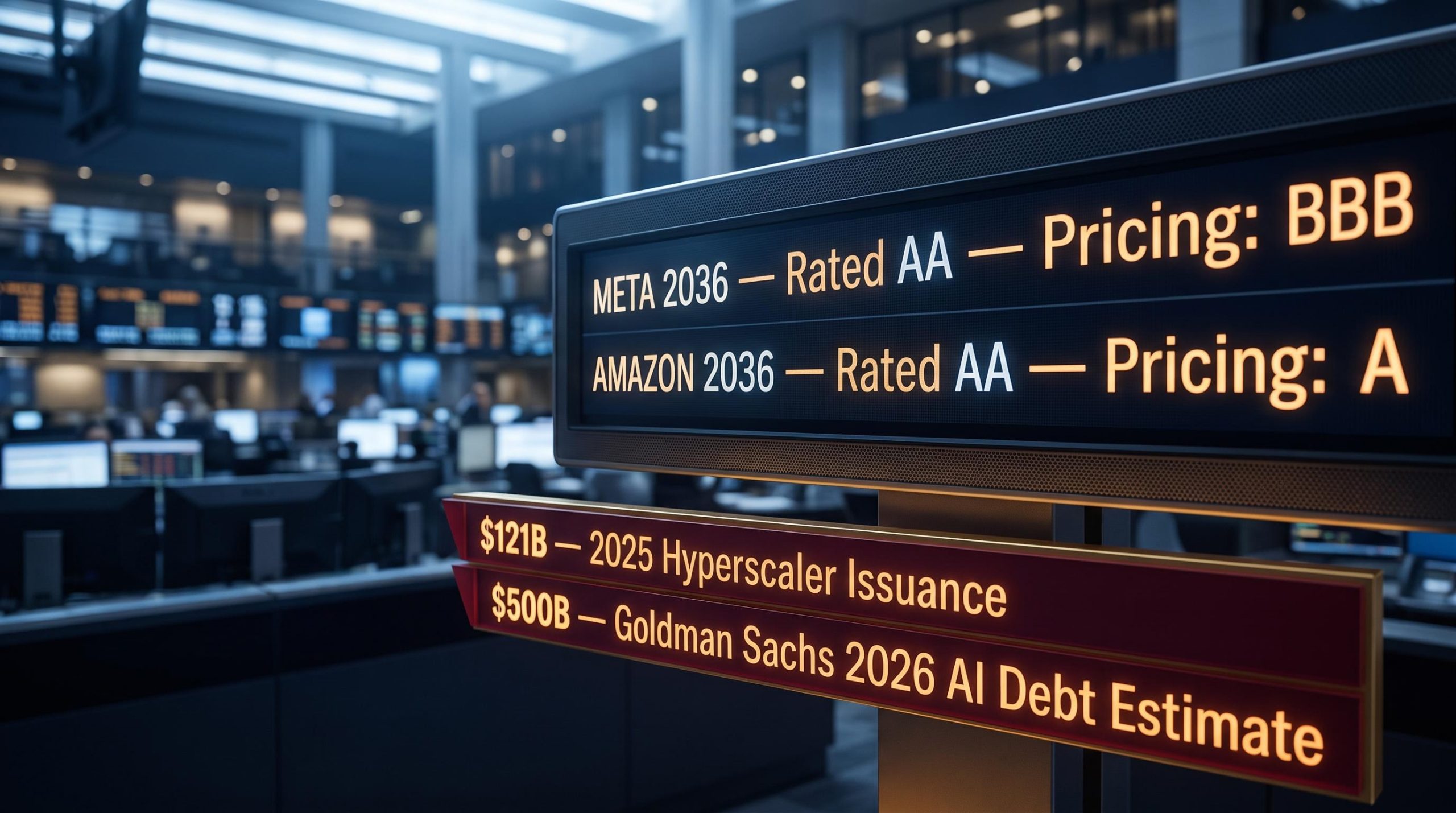 Bond trading terminal shows Meta and Amazon AA ratings pricing at BBB and A spreads as AI debt hits $500B
