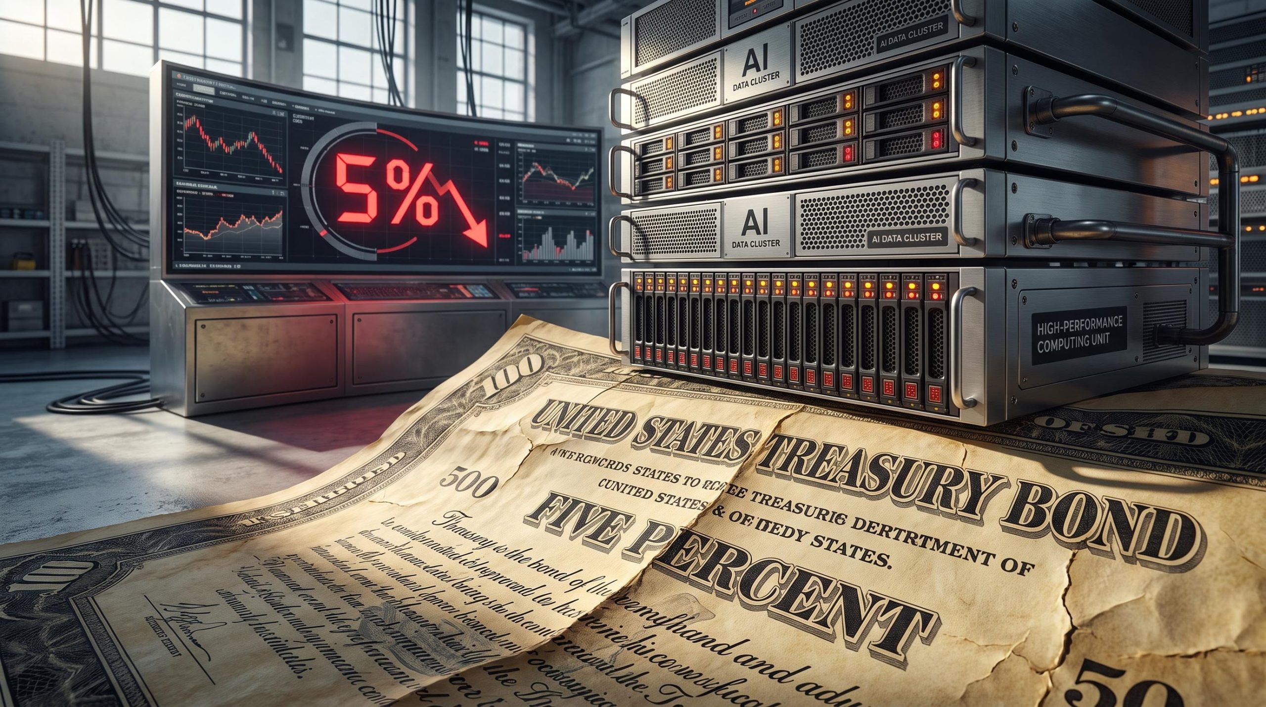 AI data centre server racks pressing down on a US Treasury bond as 10-year yield approaches 5%