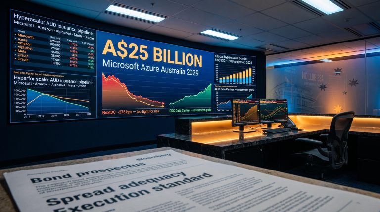 AUD bond market screens showing A$25B Microsoft commitment and hyperscaler AI bonds Australia pipeline data