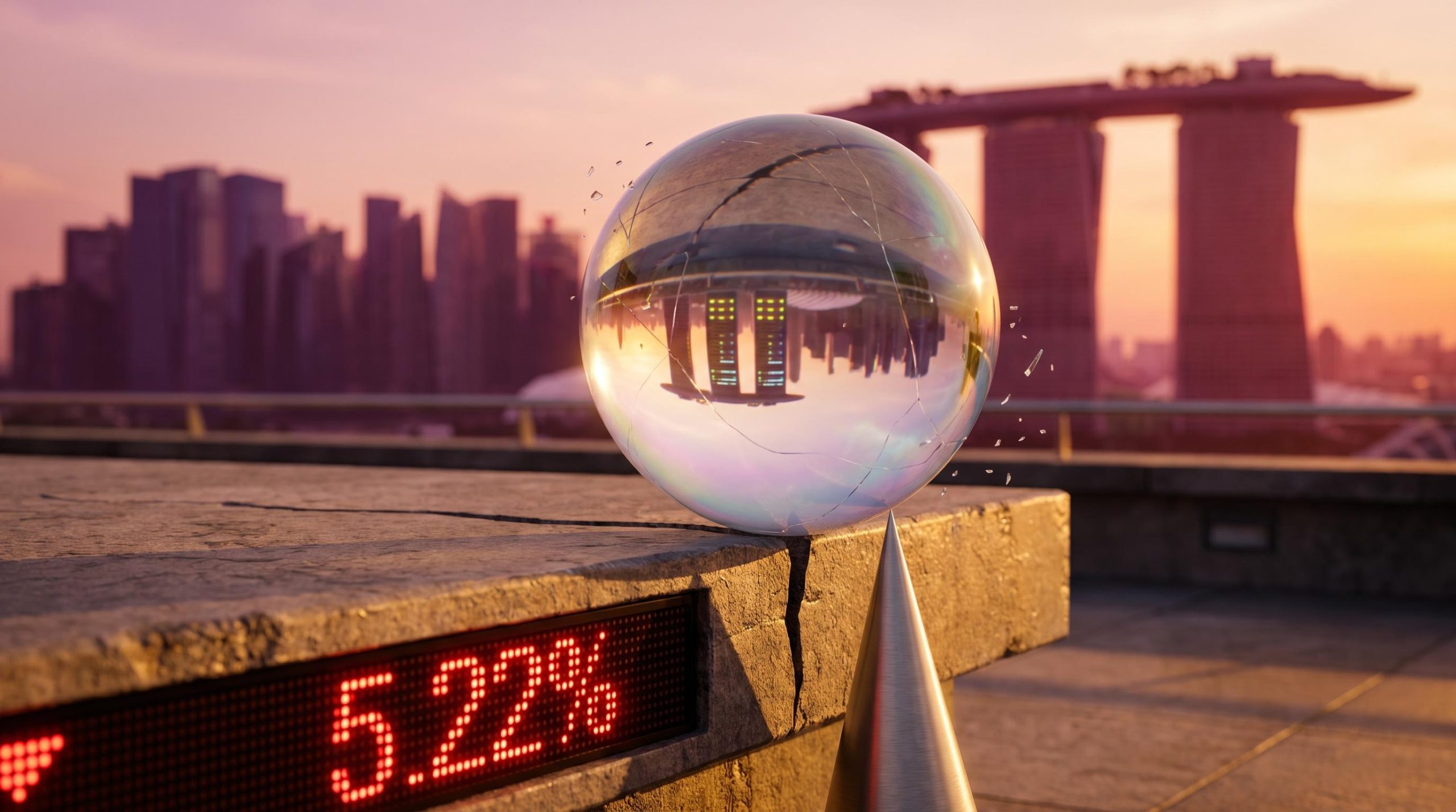 Cracking glass sphere above a steel spike beside a 5.22% yield ticker, symbolising the AI bubble warning from Ray Dalio