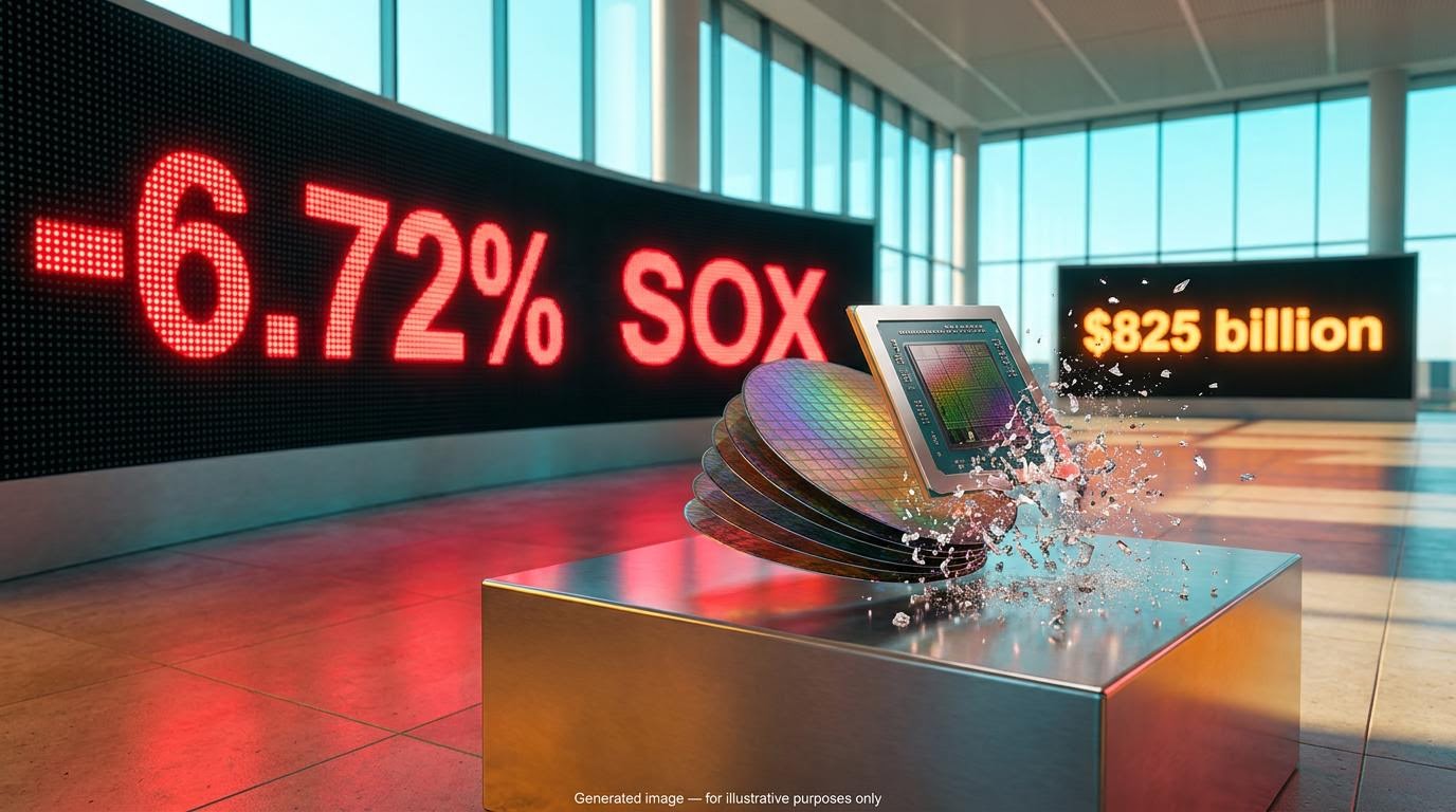 Semiconductor chip shattering before a red "-6.72%" SOX screen as the AI bubble debate hits chip stocks
