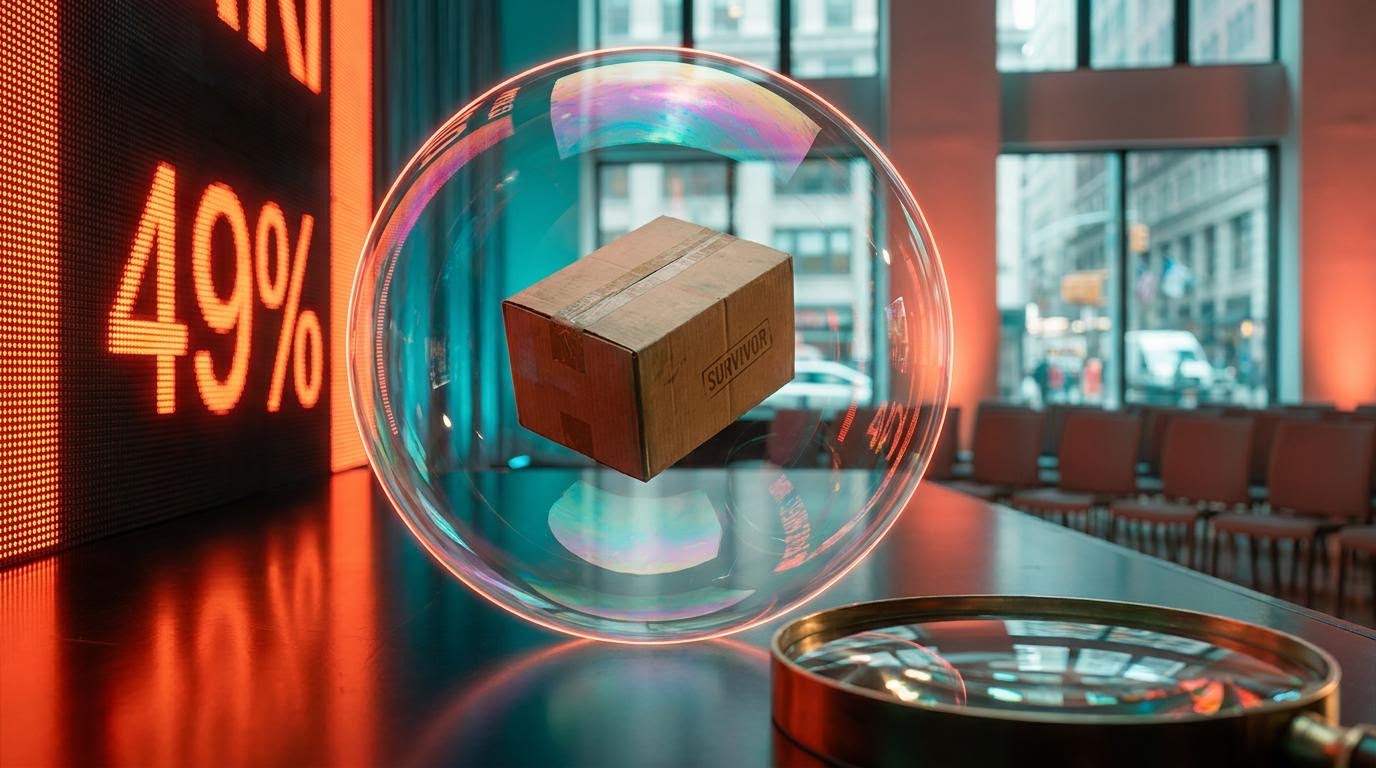 Iridescent AI bubble hovering before a market ticker showing 49%, with a shipping box inside, symbolising bubble survivors